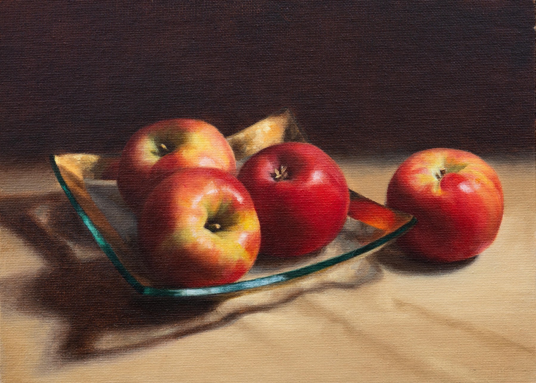 Still life with apples on a glass plate, oil on canvas, by Aileen Schier.